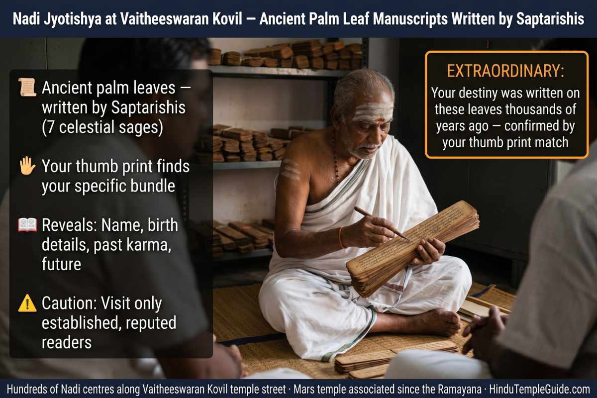 Nadi Jyotishya Vaitheeswaran Kovil palm leaf manuscript Saptarishis ancient Tamil astrology thumb print destiny Navagraha temples Tamil Nadu Mars healing