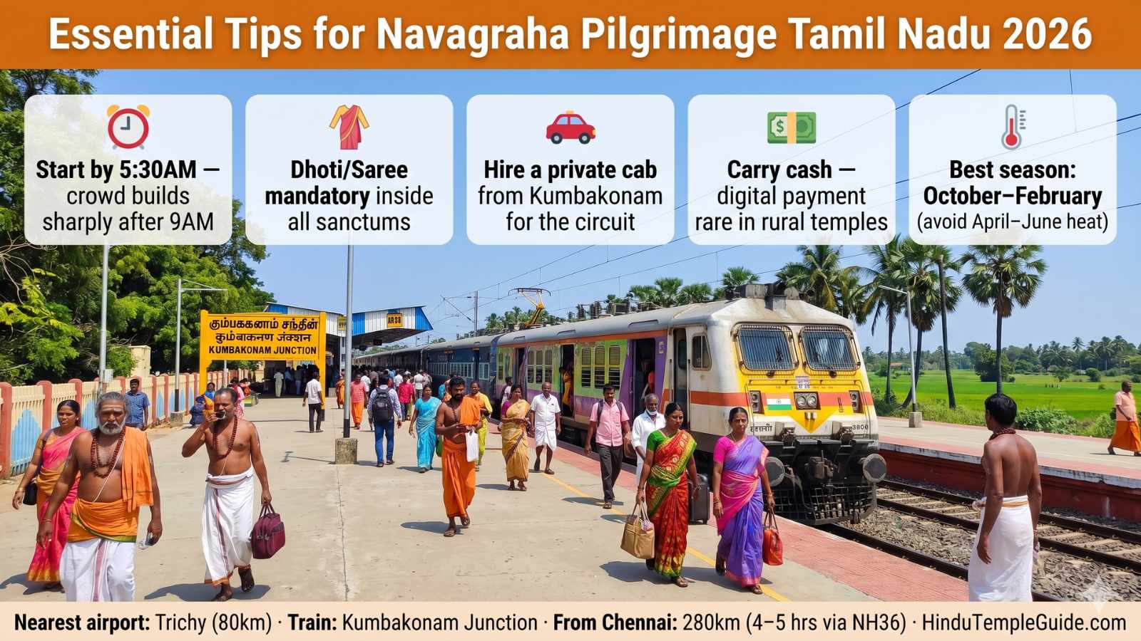Navagraha temples Tamil Nadu practical tips 2026 start 5:30AM dhoti saree dress code hire cab cash October February best season Trichy airport Kumbakonam junction Chennai 280km