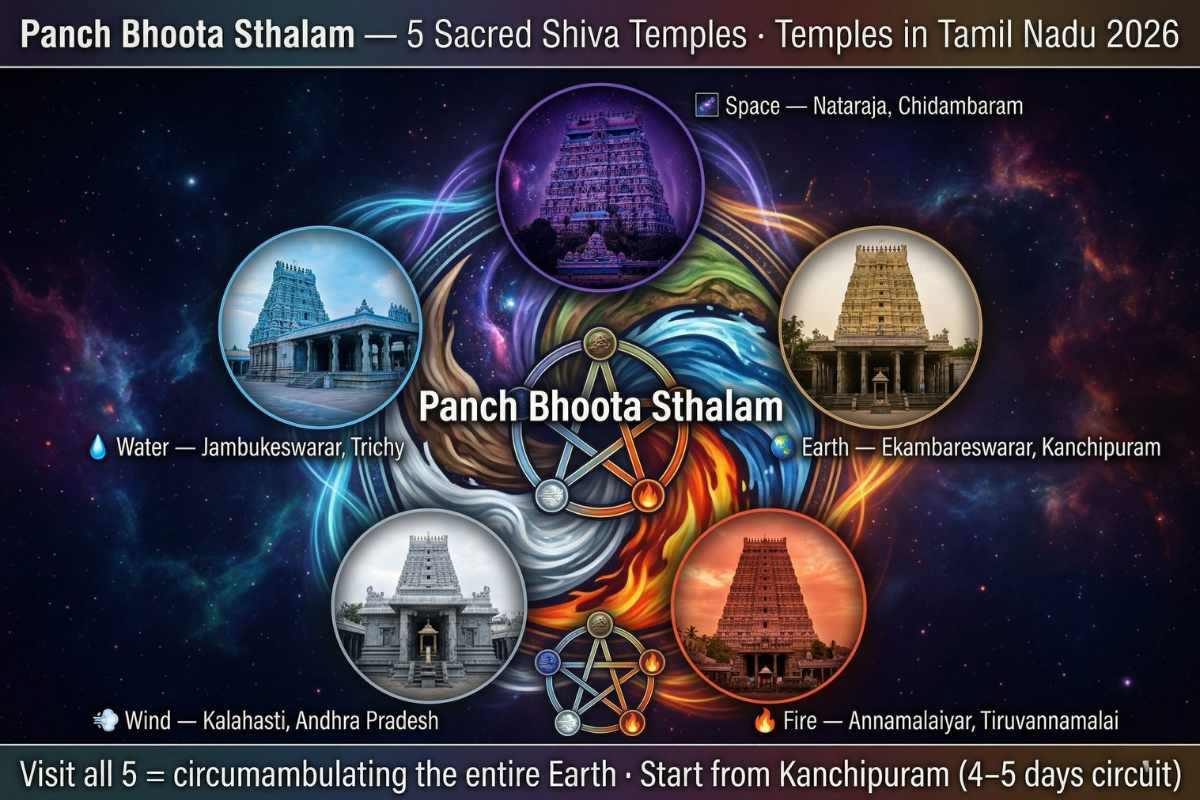Panch Bhoota Sthalam five element Shiva temples Tamil Nadu 2026 – Ekambareswarar earth Annamalaiyar fire Nataraja space Jambukeswarar water circuit guide