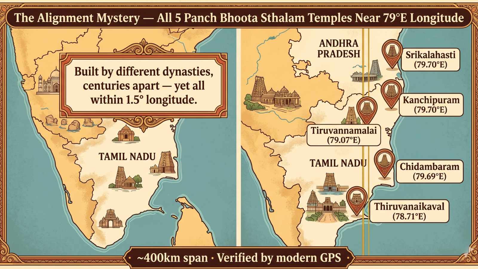 Panch Bhoota Sthalam geographic alignment 79 longitude mystery 5 temples Kalahasti Kanchipuram Tiruvannamalai Chidambaram Thiruvanaikaval ancient builders GPS map