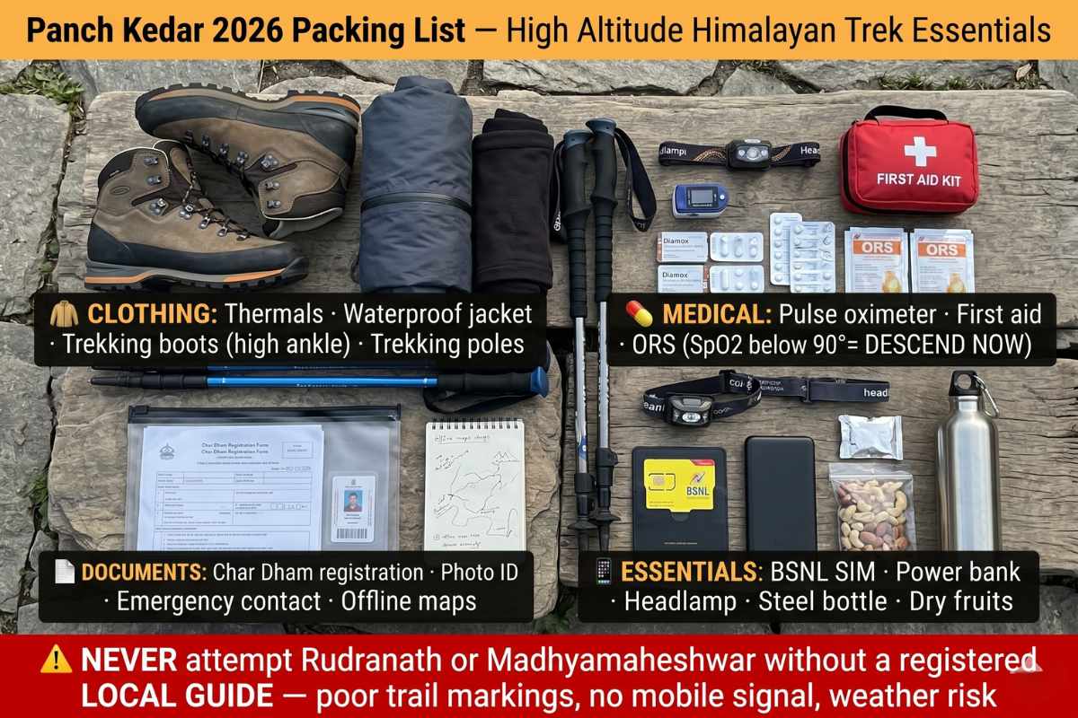 Panch Kedar 2026 packing list high altitude Himalayan trek – thermals waterproof jacket trekking boots pulse oximeter Diamox BSNL SIM offline maps local guide mandatory