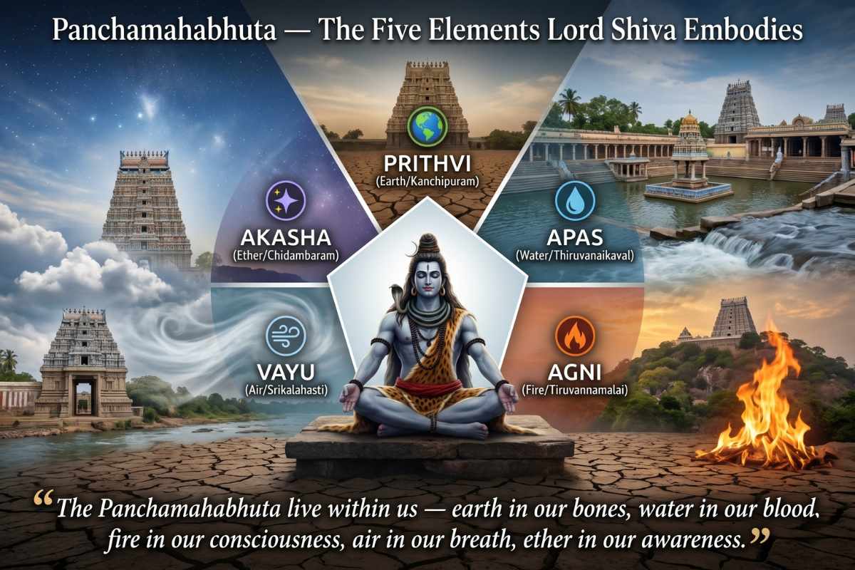 Panchamahabhuta five elements Hindu philosophy Prithvi earth Apas water Agni fire Vayu air Akasha ether Shiva Panch Bhoota Sthalam significance