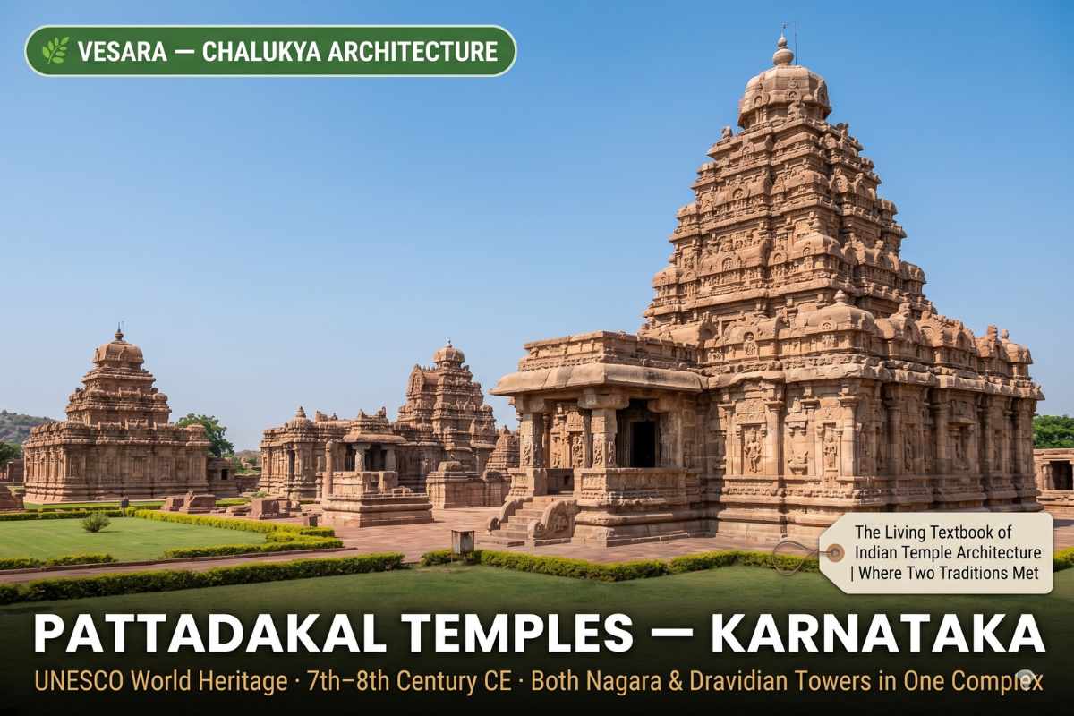 Pattadakal temple complex Karnataka showing multiple Chalukya towers of both Nagara and Dravidian style – Vesara architecture UNESCO World Heritage