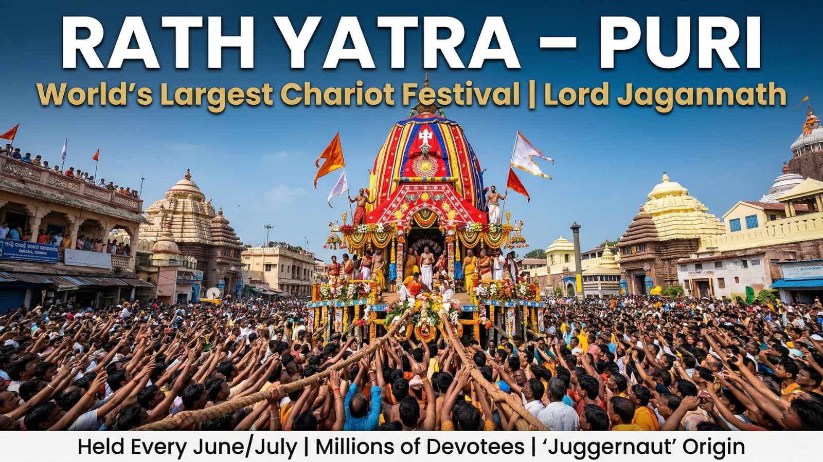 Puri Rath Yatra chariot festival with massive wooden chariot and millions of devotees – Sapta Puri Jagannath Dham annual pilgrimage