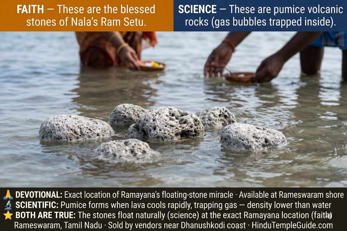Ram Setu floating stones Rameswaram pumice volcanic rock natural gas bubbles Nala Ramayana faith science both true Dhanushkodi shore