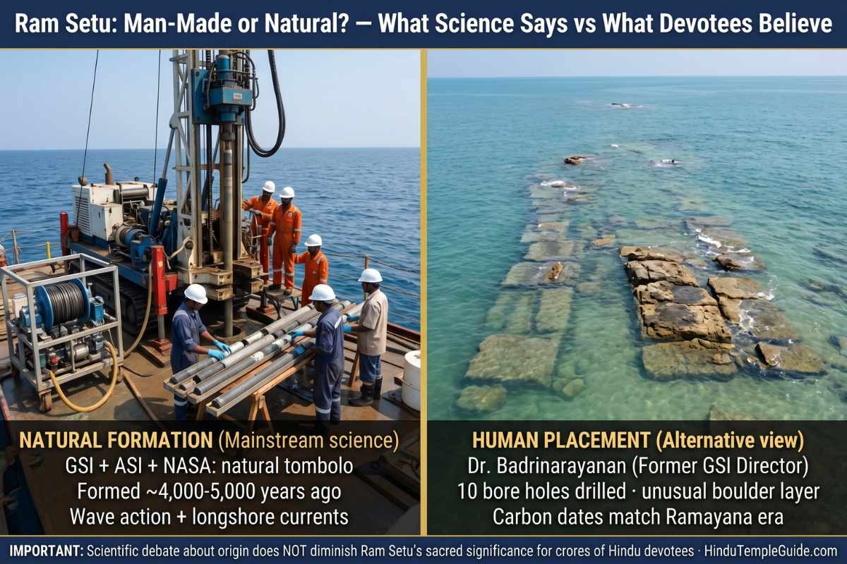 Ram Setu man-made or natural scientific debate GSI NASA ASI natural tombolo Dr Badrinarayanan bore holes limestone shoals carbon dating Ramayana era