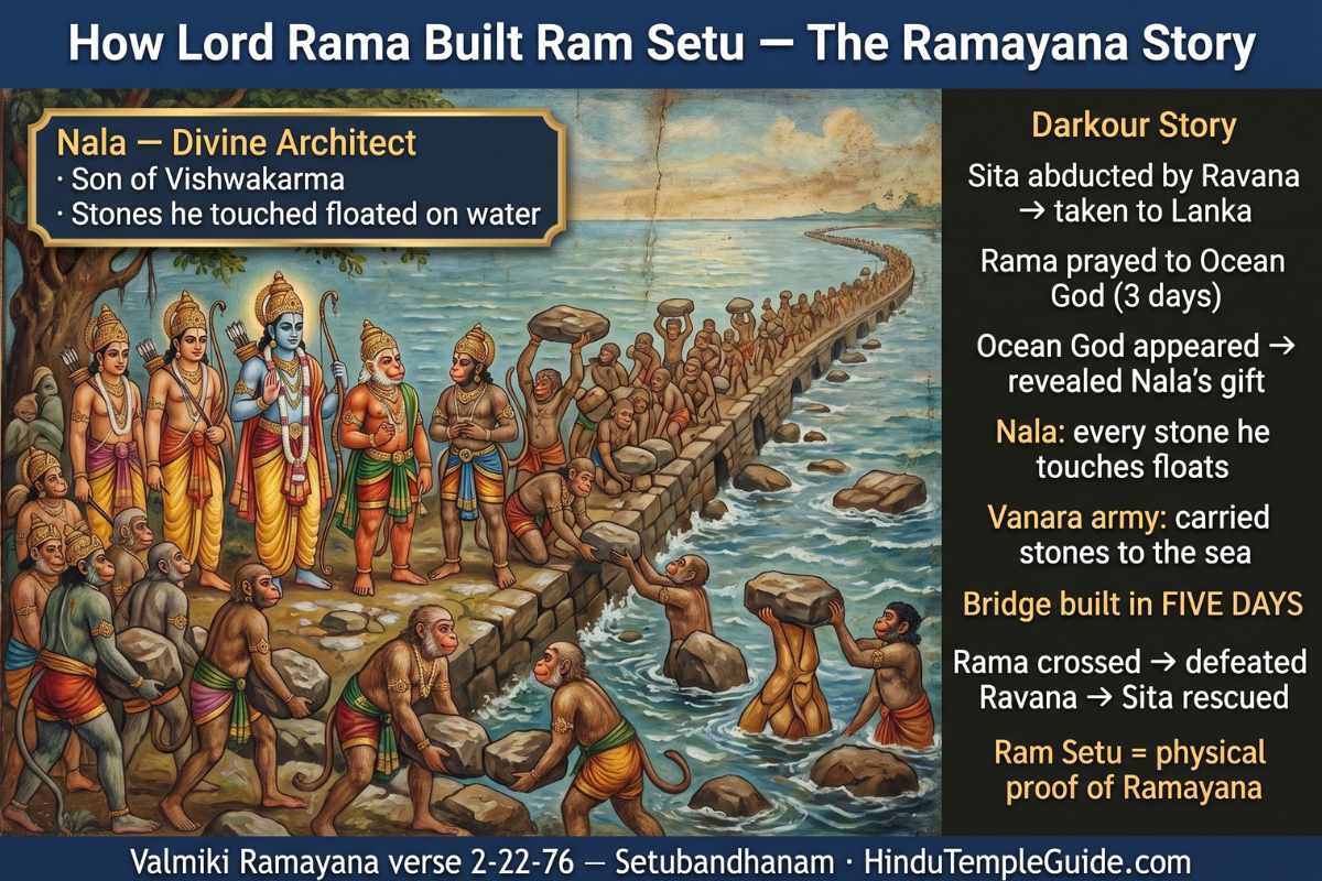 Ram Setu Ramayana story Nala divine architect son Vishwakarma Vanara army floating stones Lord Rama Lanka Sita rescue Setubandhanam Valmiki verse 2-22-76