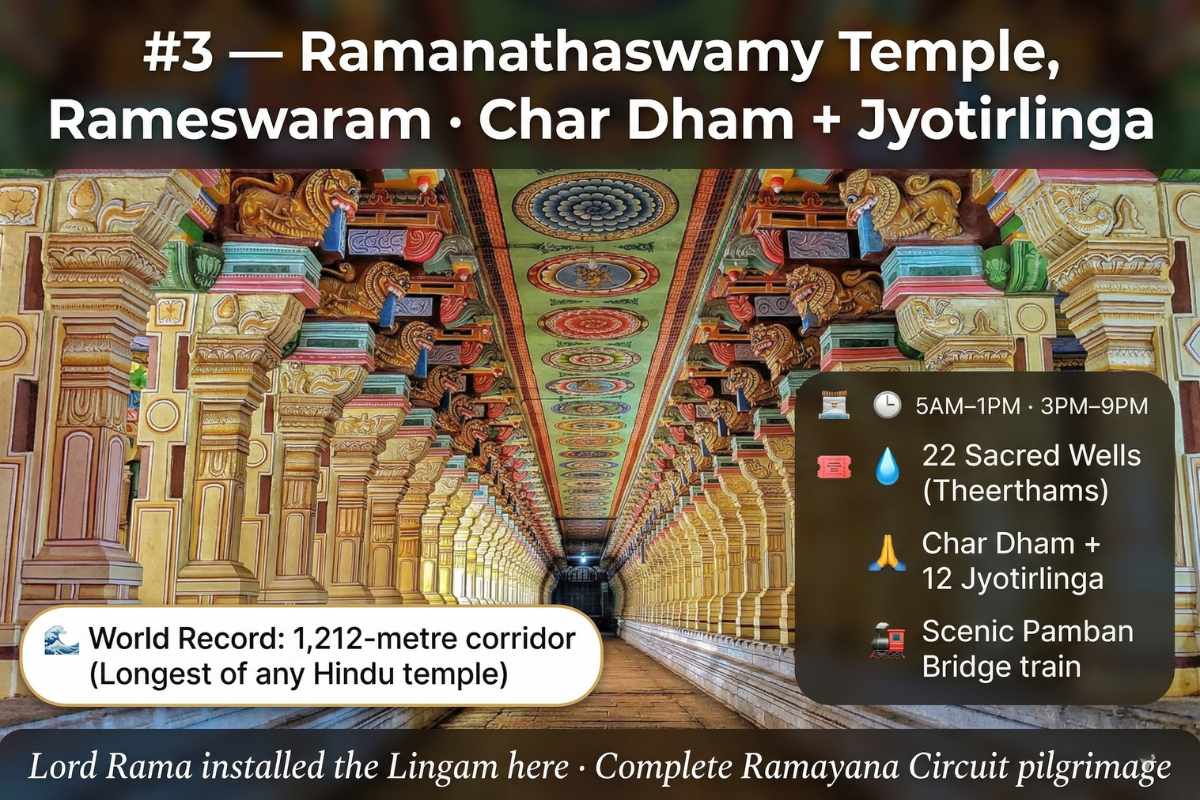 Ramanathaswamy Temple Rameswaram – 1212 metre world's longest corridor Char Dham Jyotirlinga 22 sacred wells theertham free entry Tamil Nadu