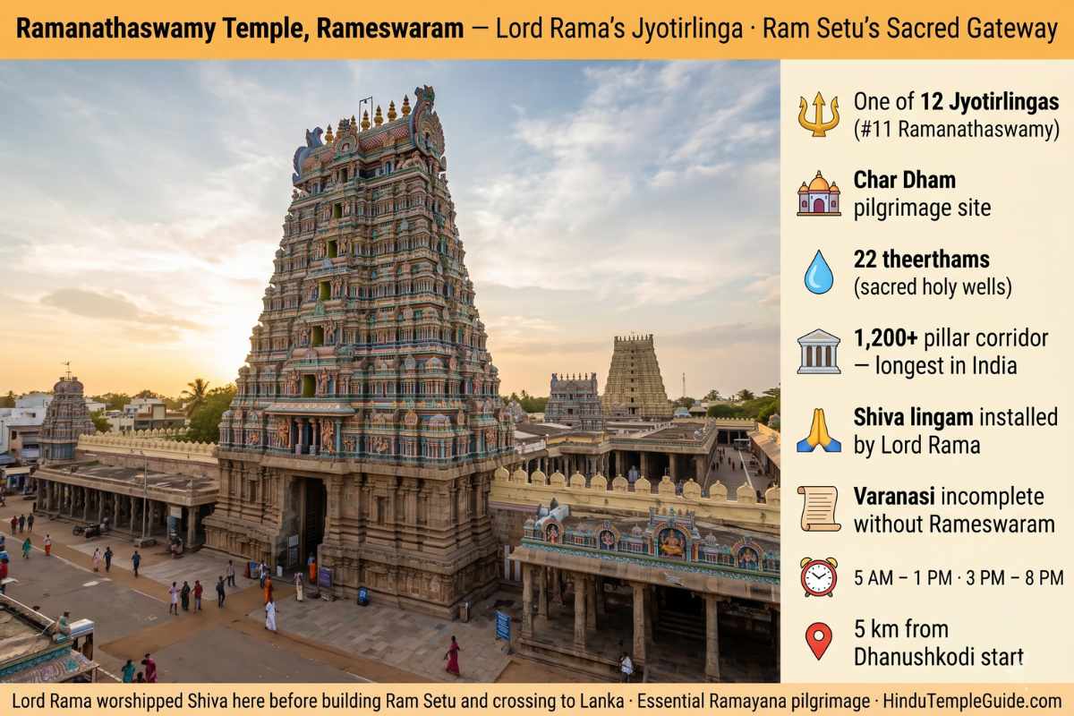 Ramanathaswamy temple Rameswaram 12 Jyotirlinga Char Dham 22 theerthams 1200 pillar corridor Ram Setu sacred gateway Lord Rama Shiva lingam