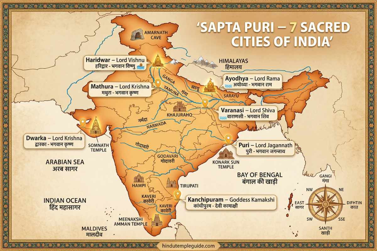 Sapta Puri map showing all seven holiest cities of India – Ayodhya, Mathura, Haridwar, Varanasi, Kanchipuram, Dwarka and Puri pilgrimage route