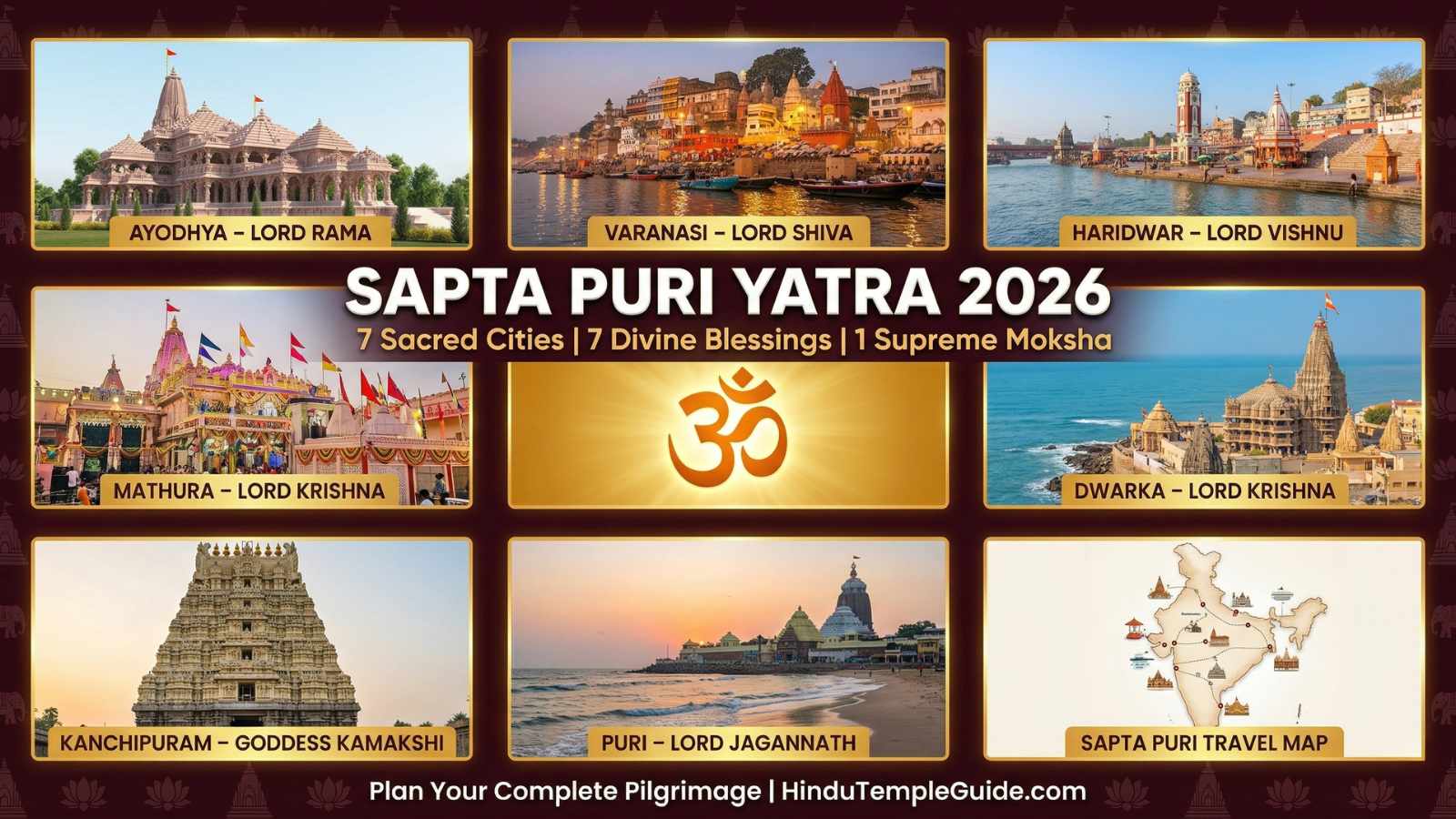 Sapta Puri Yatra 2026 collage of all seven sacred cities – Ayodhya Ram Mandir, Varanasi Kashi, Haridwar, Mathura, Dwarka, Kanchipuram, Puri Jagannath