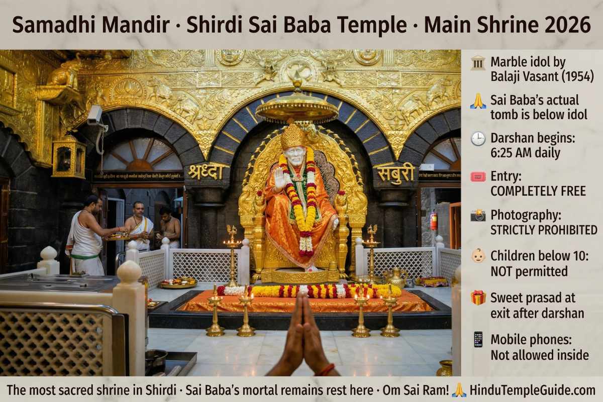 Shirdi Sai Baba Temple Samadhi Mandir 2026 – marble idol 1954 darshan begins 6:25AM free entry photography prohibited sweet prasad