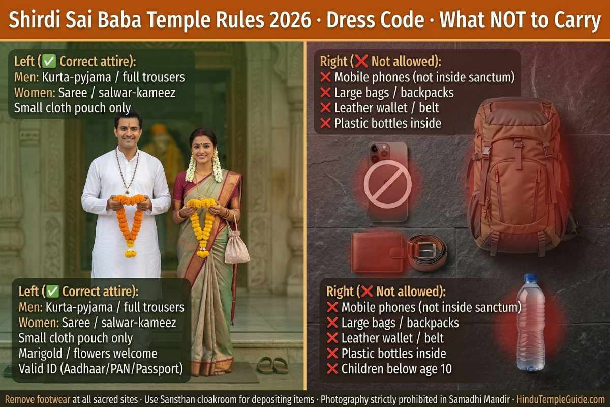 Shirdi Sai Baba Temple dress code rules 2026 – kurta saree allowed mobile phone leather bag prohibited children below 10 photography banned sanctum
