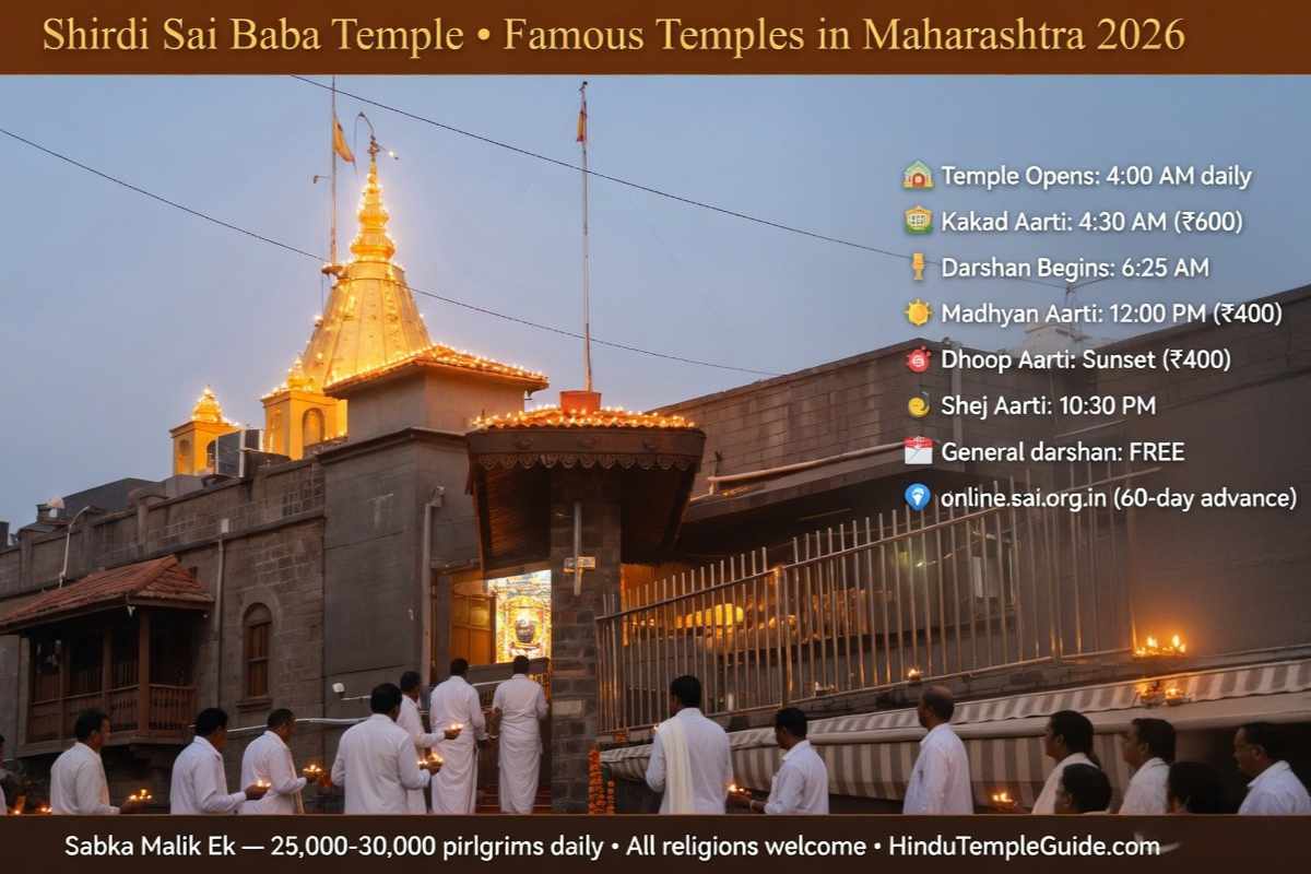 Shirdi Sai Baba Temple Maharashtra 2026 – Kakad Aarti 4:30AM darshan timings 4AM free entry Samadhi Mandir Dwarkamai 25000 pilgrims daily