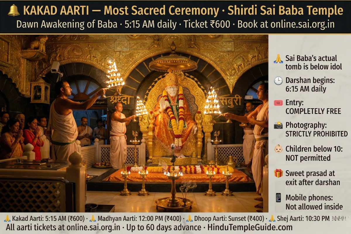 Shirdi Sai Baba Temple Kakad Aarti 5:15AM 2026 – sacred dawn awakening ceremony priests brass lamps ticket Rs600 online.sai.org.in advance booking