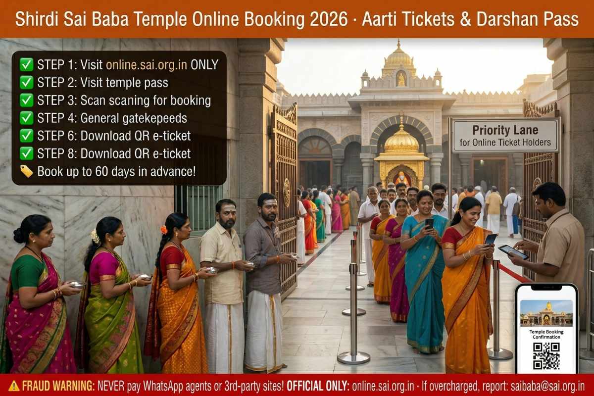 Shirdi Sai Baba Temple online booking 2026 – step-by-step aarti darshan pass online.sai.org.in 60 days advance fraud warning official only