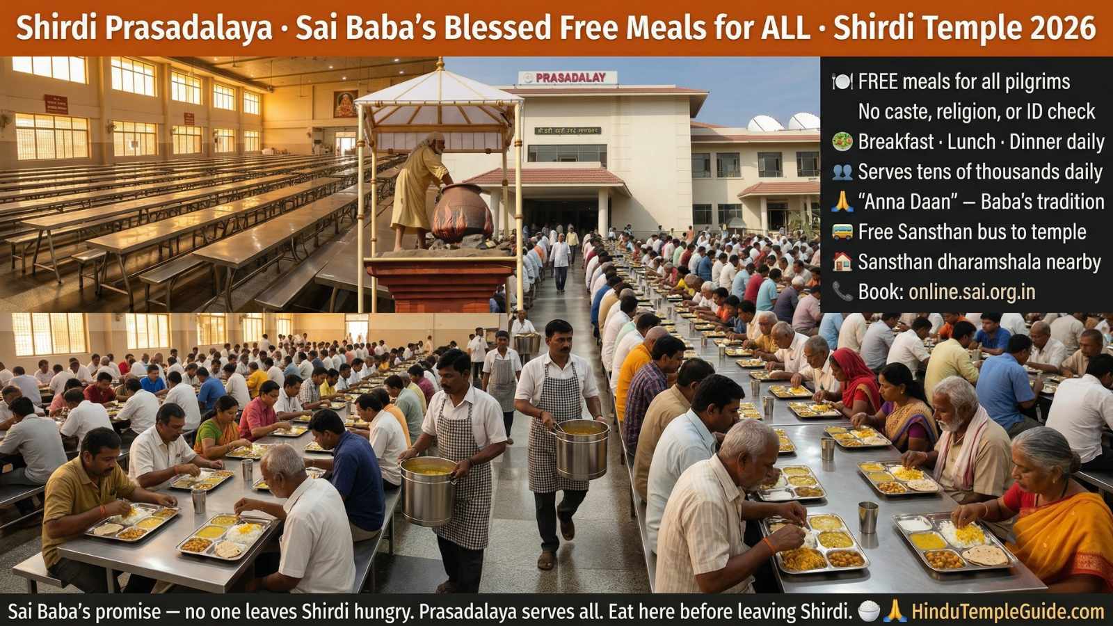 Shirdi Sai Baba Temple Prasadalaya 2026 – free meals all pilgrims breakfast lunch dinner no caste religion Anna Daan Sai Baba blessed food Sansthan Trust
