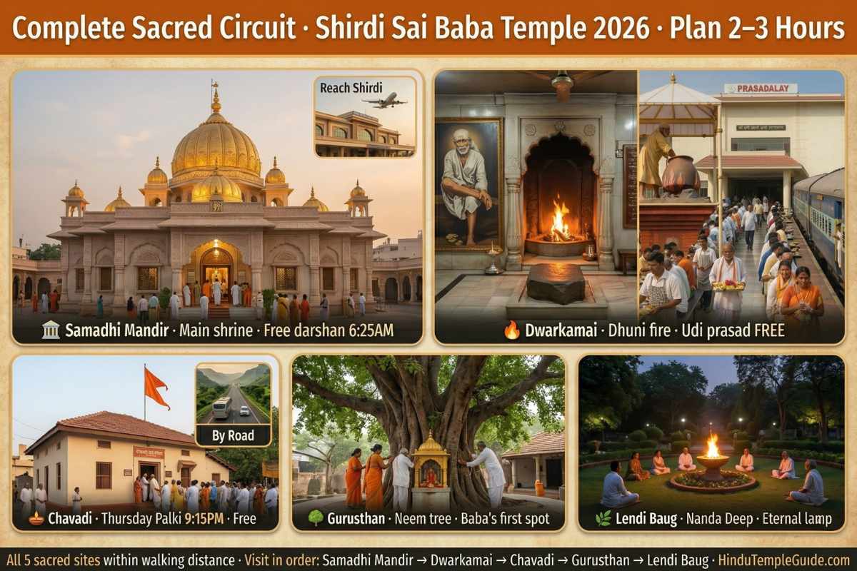 Shirdi Sai Baba Temple sacred circuit 2026 – Samadhi Mandir Dwarkamai Dhuni Chavadi Thursday procession Gurusthan neem tree Lendi Baug Nanda Deep