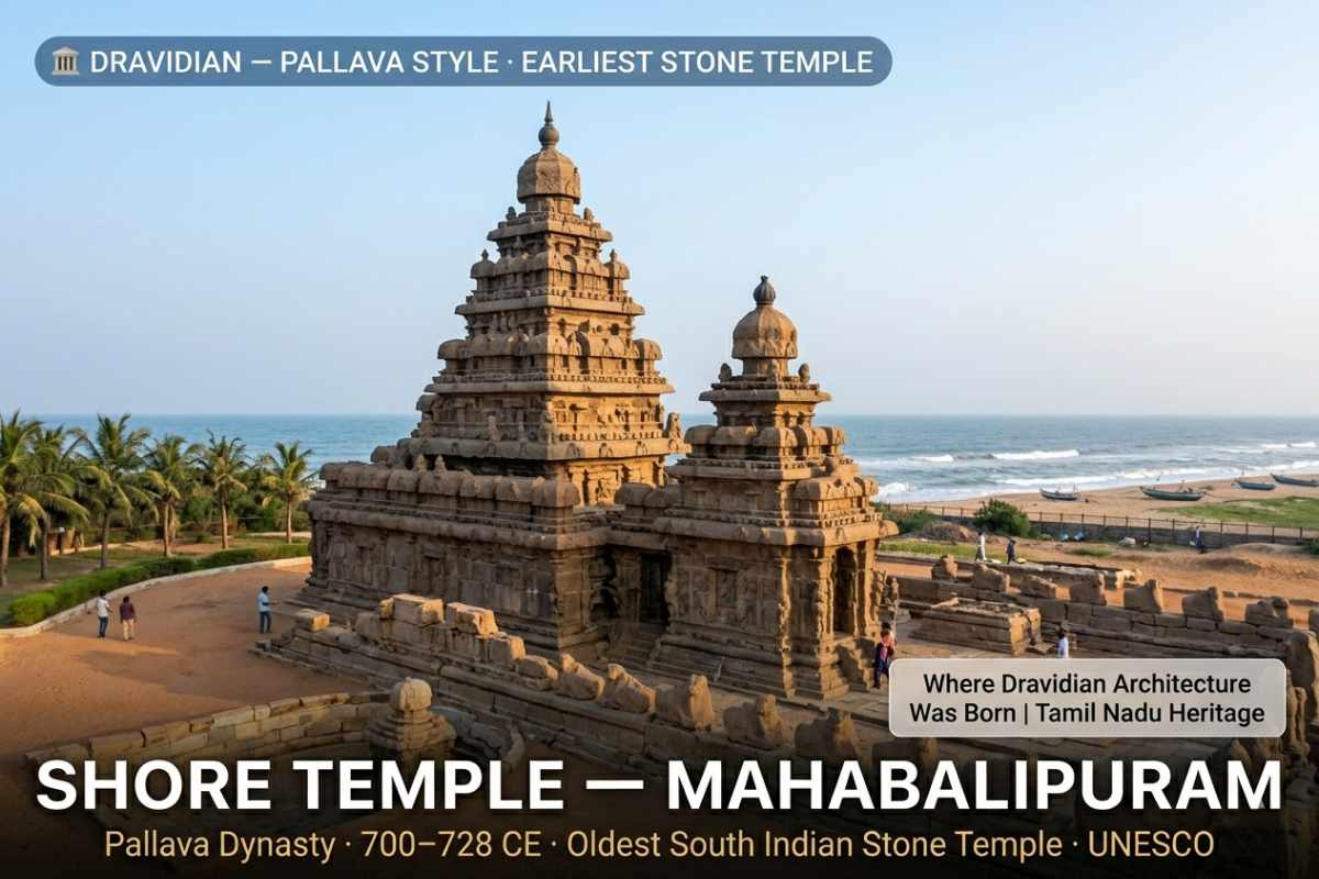 Shore Temple Mahabalipuram at sunset with Bay of Bengal – Pallava dynasty Dravidian architecture oldest stone temple South India UNESCO World Heritage