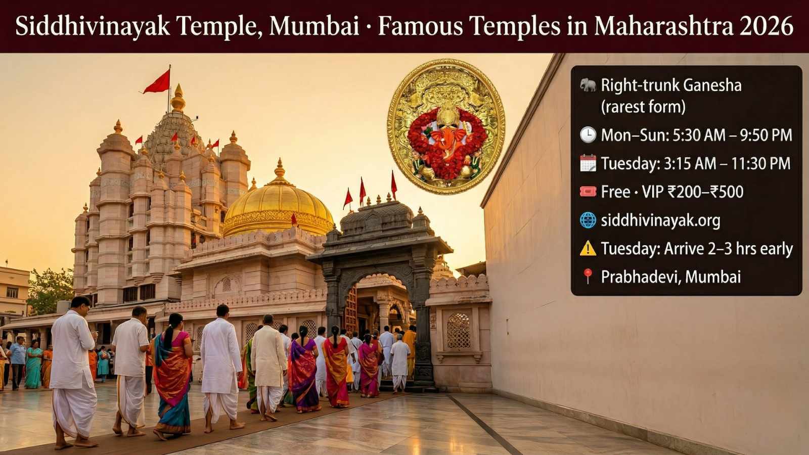 Siddhivinayak Temple Mumbai – right-trunk Ganesha darshan timings Tuesday 3:15AM VIP darshan free entry Prabhadevi Maharashtra 2026