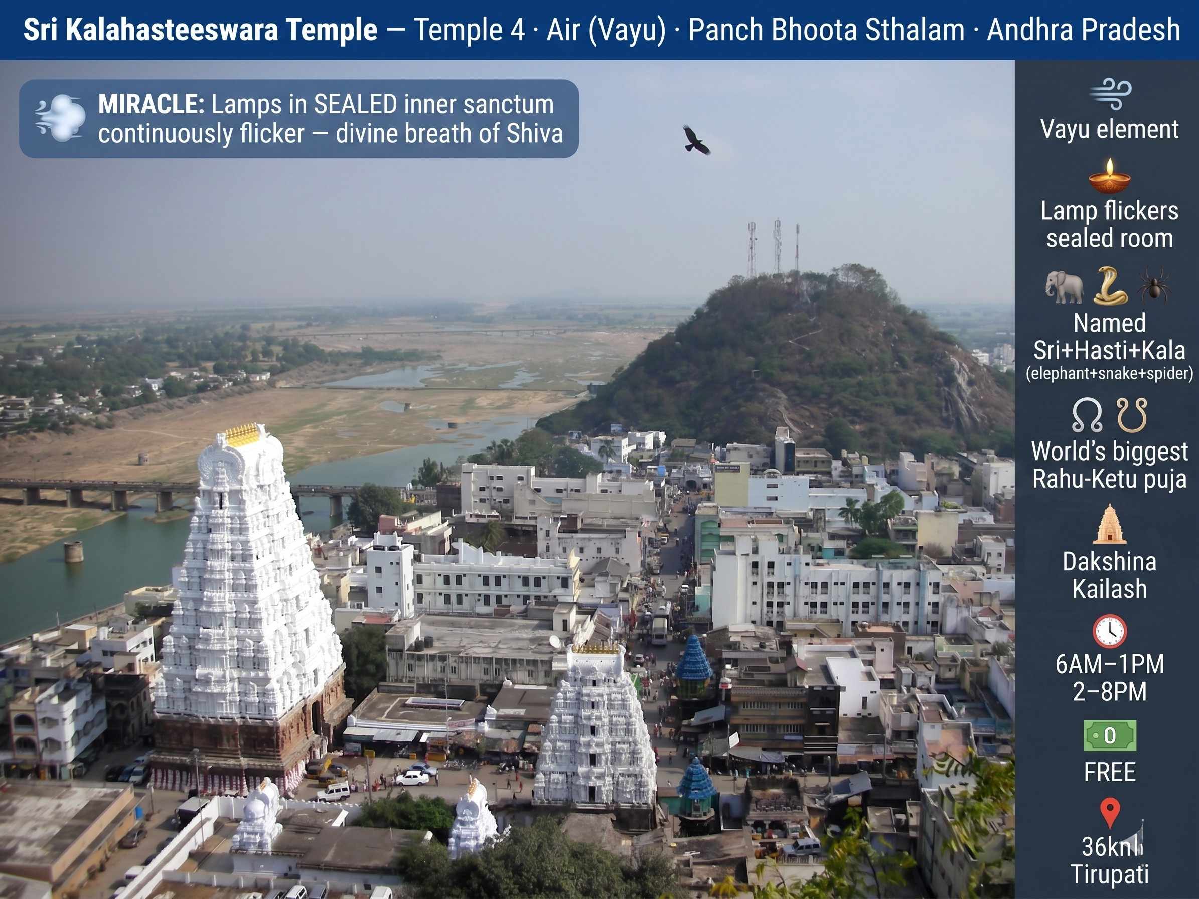 Sri Kalahasteeswara Temple Srikalahasti Panch Bhoota Sthalam Air Vayu flickering lamp miracle Rahu Ketu puja Dakshina Kailash Andhra Pradesh FREE 36km Tirupati