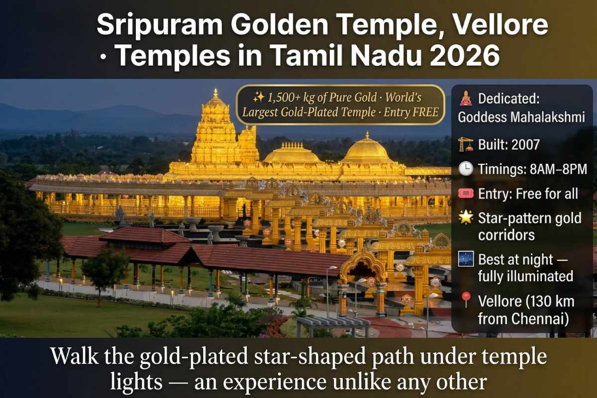 Sripuram Golden Temple Vellore Tamil Nadu 2026 – 1500 kg gold world largest gold-plated free entry timings 8AM–8PM night illumination Mahalakshmi
