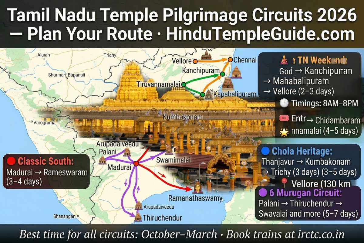 Temples in Tamil Nadu 2026 pilgrimage circuits map – Classic South Chola Heritage Panch Bhoota North Chennai Murugan routes travel guide