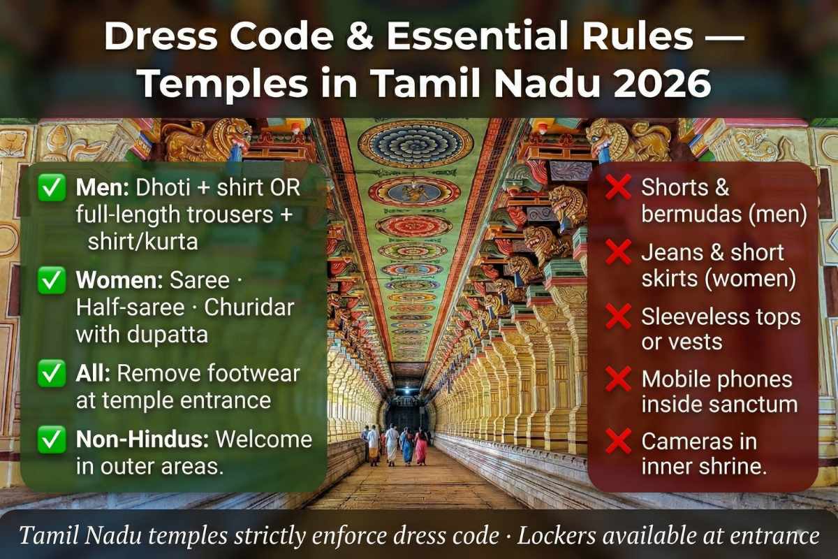 Temples in Tamil Nadu 2026 dress code rules – men dhoti shirt women saree churidar allowed shorts phones cameras prohibited guide