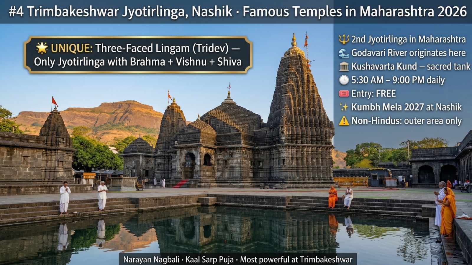 Trimbakeshwar Jyotirlinga Nashik Maharashtra 2026 – three-faced Tridev Lingam Godavari origin Kushavarta Kund timings 5:30AM free Kumbh 2027
