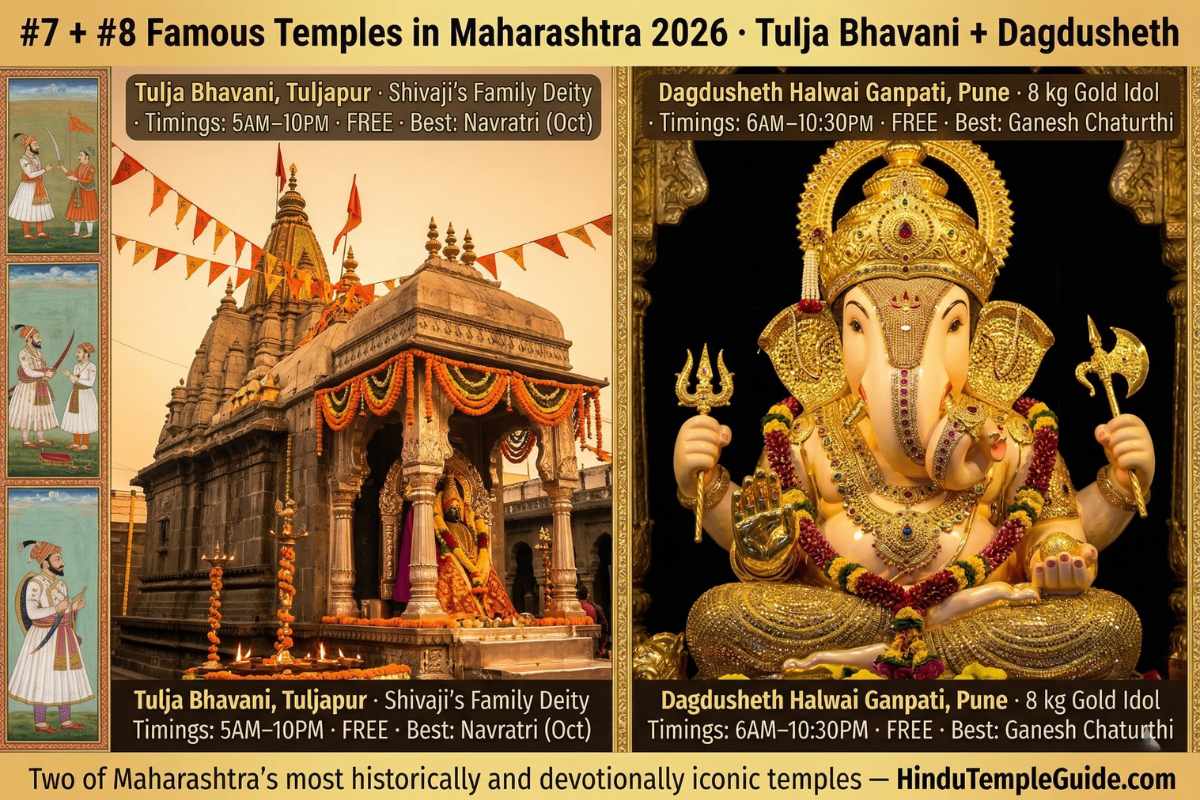Tulja Bhavani Tuljapur and Dagdusheth Ganpati Pune – famous temples Maharashtra 2026 Shivaji family deity gold idol 8kg timings free entry Navratri