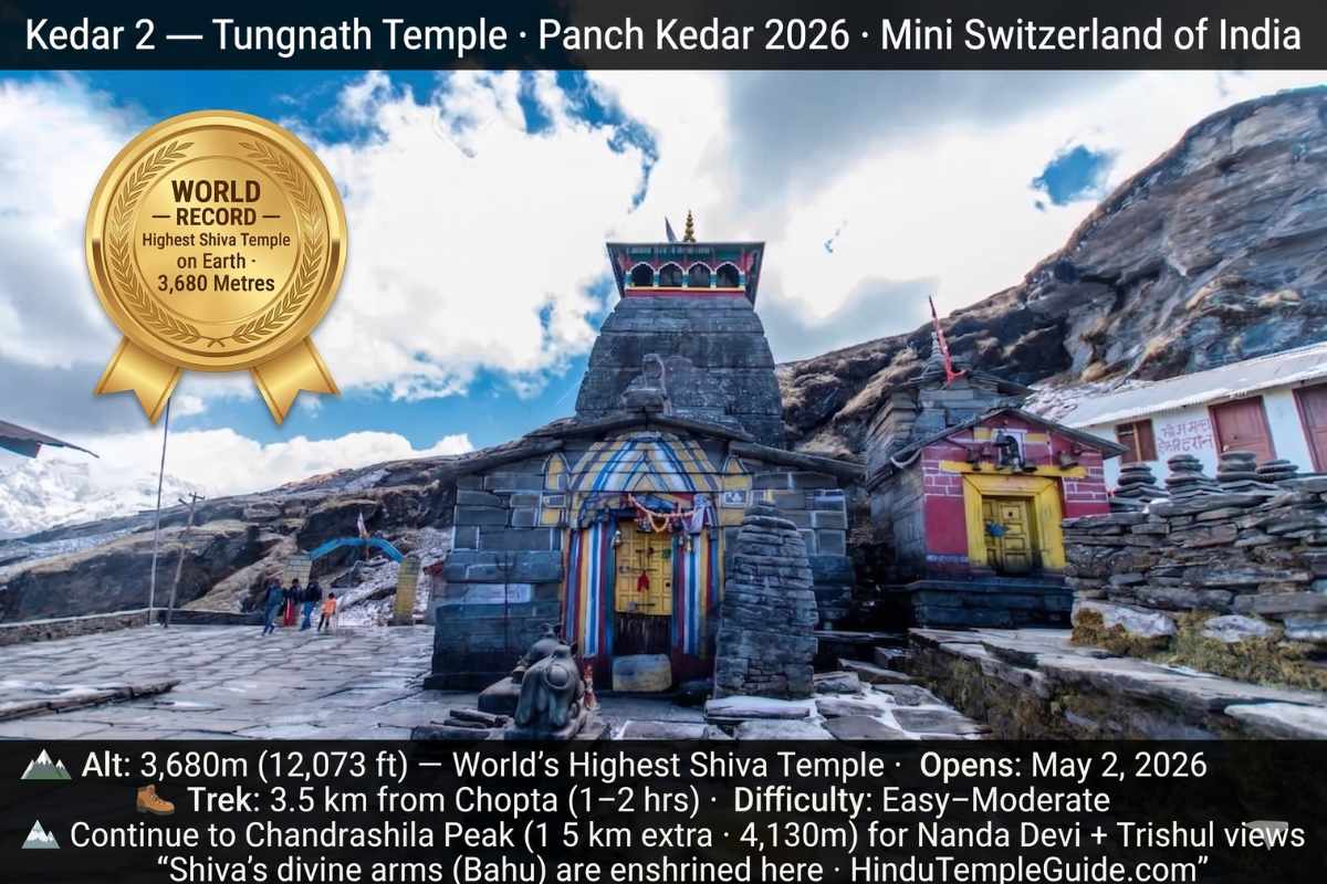 Tungnath Temple Panch Kedar 2026 – 3680m world's highest Shiva temple opens May 2 Chopta trek 3.5km Chandrashila peak 4130m Nanda Devi Trishul views