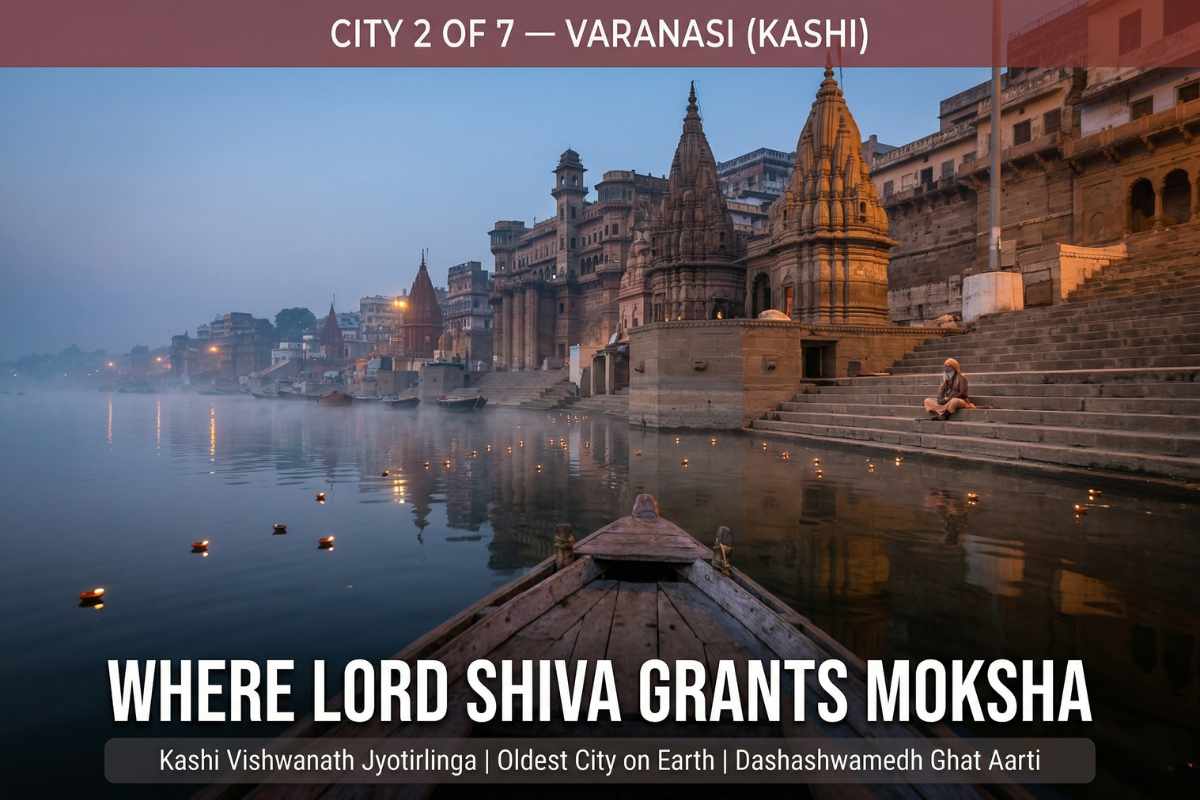 Varanasi Kashi ghats at pre-dawn with diyas on the Ganga River – Sapta Puri city of Lord Shiva and Moksha