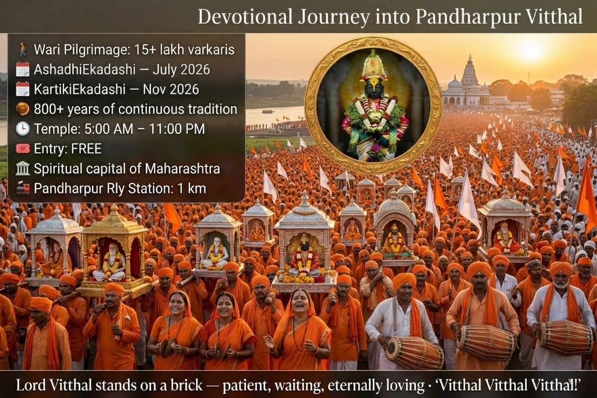 Vitthal Temple Pandharpur Maharashtra 2026 – Wari pilgrimage 15 lakh varkaris Ashadhi Ekadashi July 800 years darshan free spiritual capital