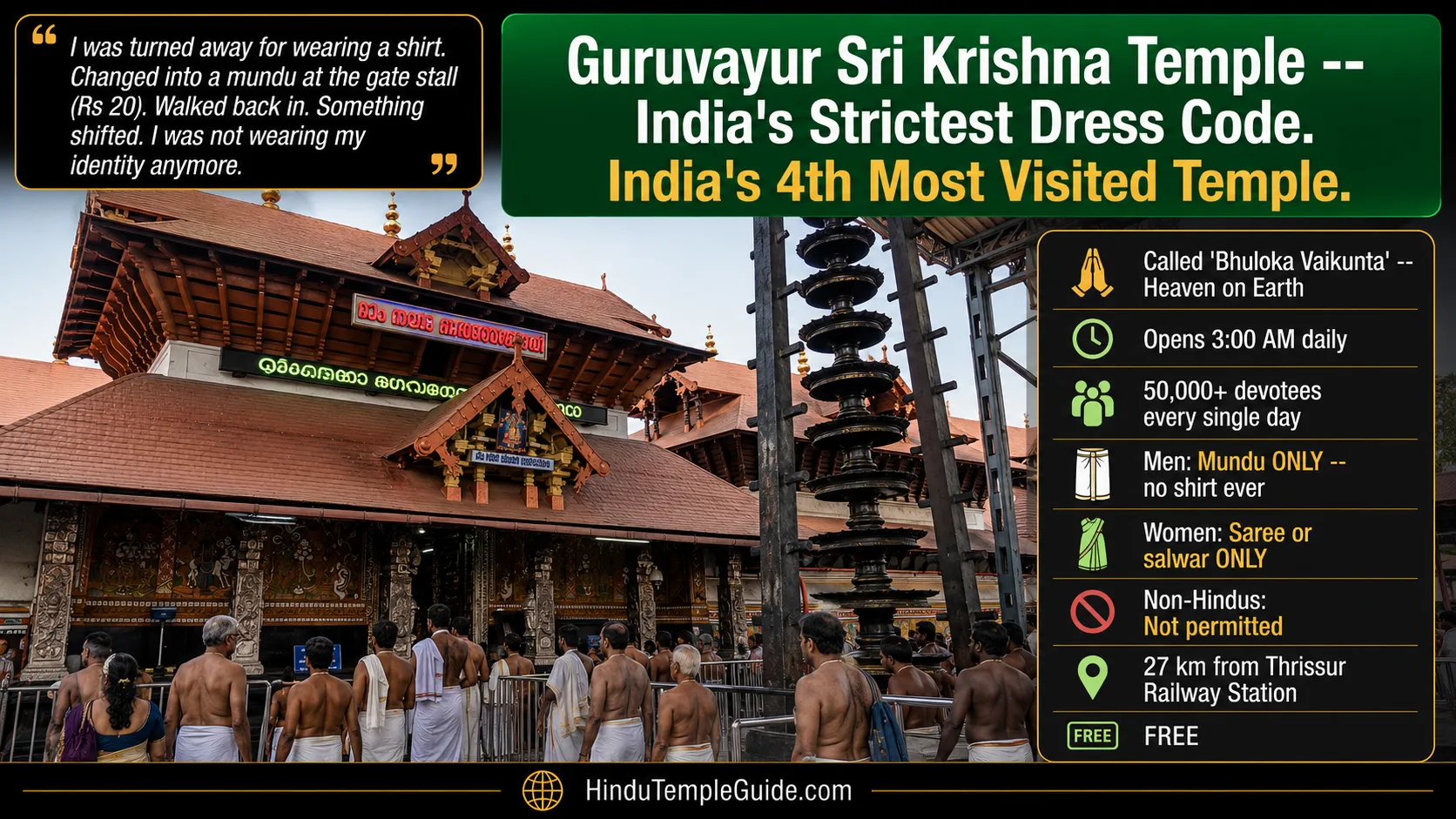 Guruvayur temple Kerala famous temples Bhuloka Vaikunta mundu only dress code 50000 daily 3AM Nirmalyam darshan free Thrissur Krishna.