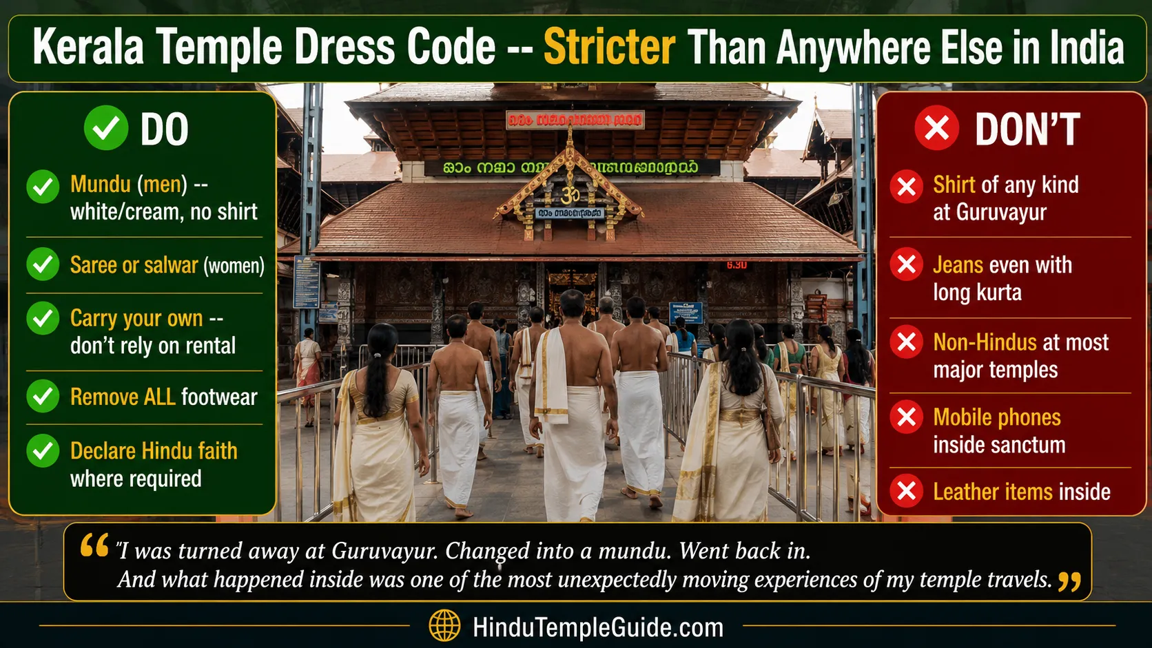 Kerala temple dress code famous temples India strictest mundu only no shirt Guruvayur saree salwar women no jeans do dont comparison.