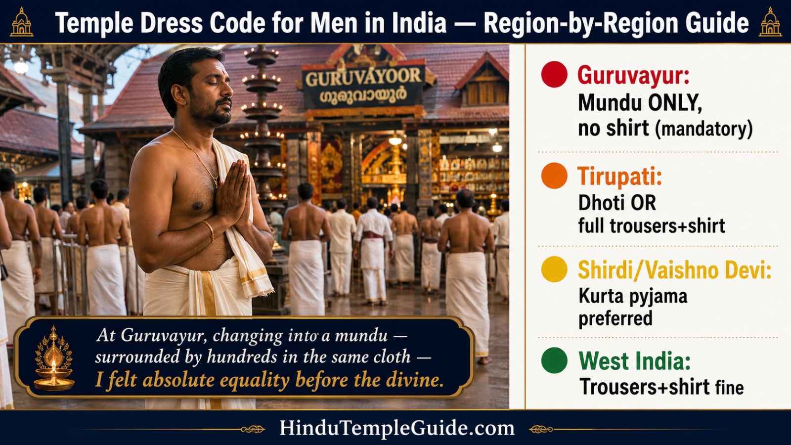 Men temple dress code India dhoti mundu Guruvayur no shirt Tirupati full trousers kurta pyjama strictness scale South North India