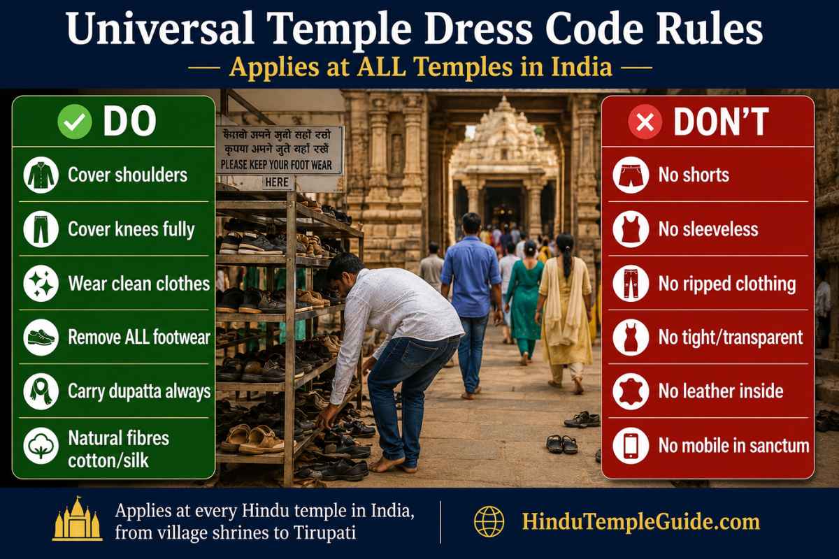 Temple dress code India universal rules remove shoes cover shoulders knees no shorts sleeveless ripped leather mobile sanctum