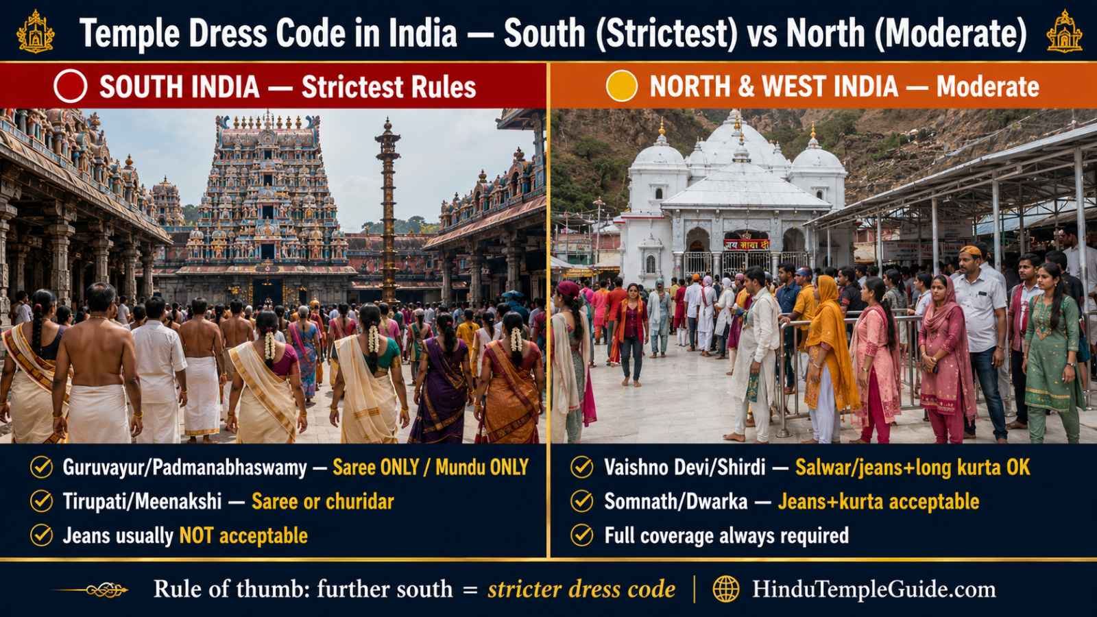 Temple dress code South India strict North India moderate comparison Guruvayur saree only mundu Vaishno Devi jeans kurta acceptable.