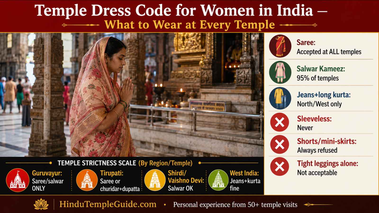 Temple dress code women India saree salwar kameez dupatta Guruvayur Tirupati Vaishno Devi Shirdi accepted outfits strictness scale