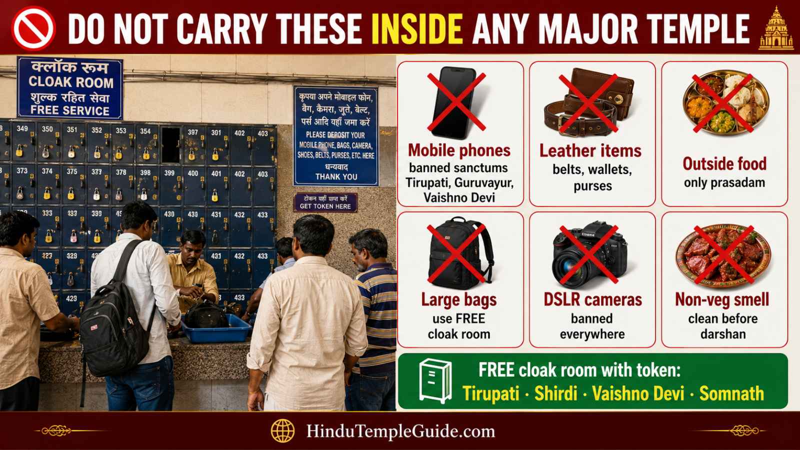 What not to carry inside Indian temples mobile phone leather bags food camera cloak room Tirupati Shirdi Vaishno Devi free.