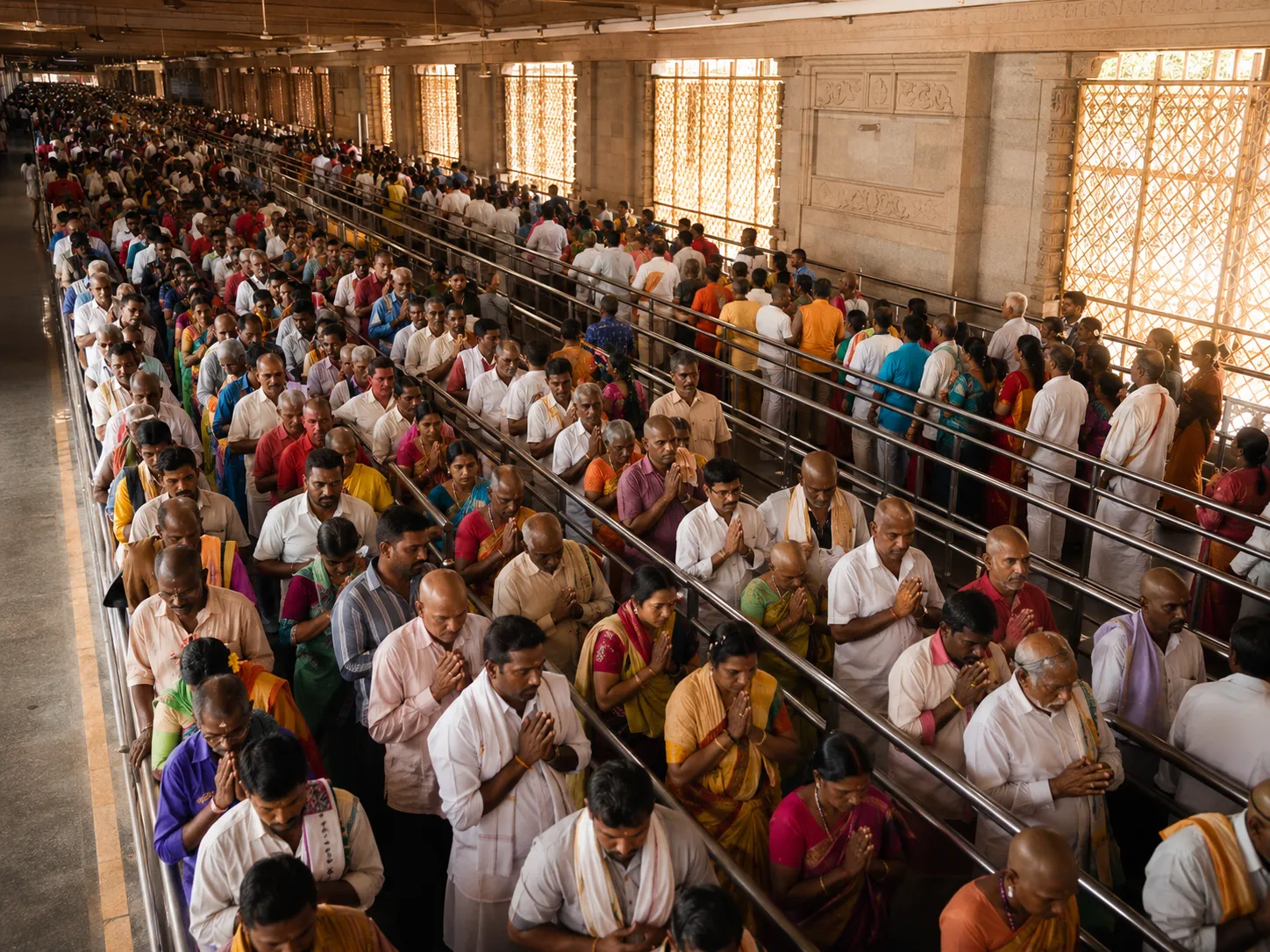 Pilgrims in queue at Vaikuntam Complex for Tirupati Balaji Temple darshan.