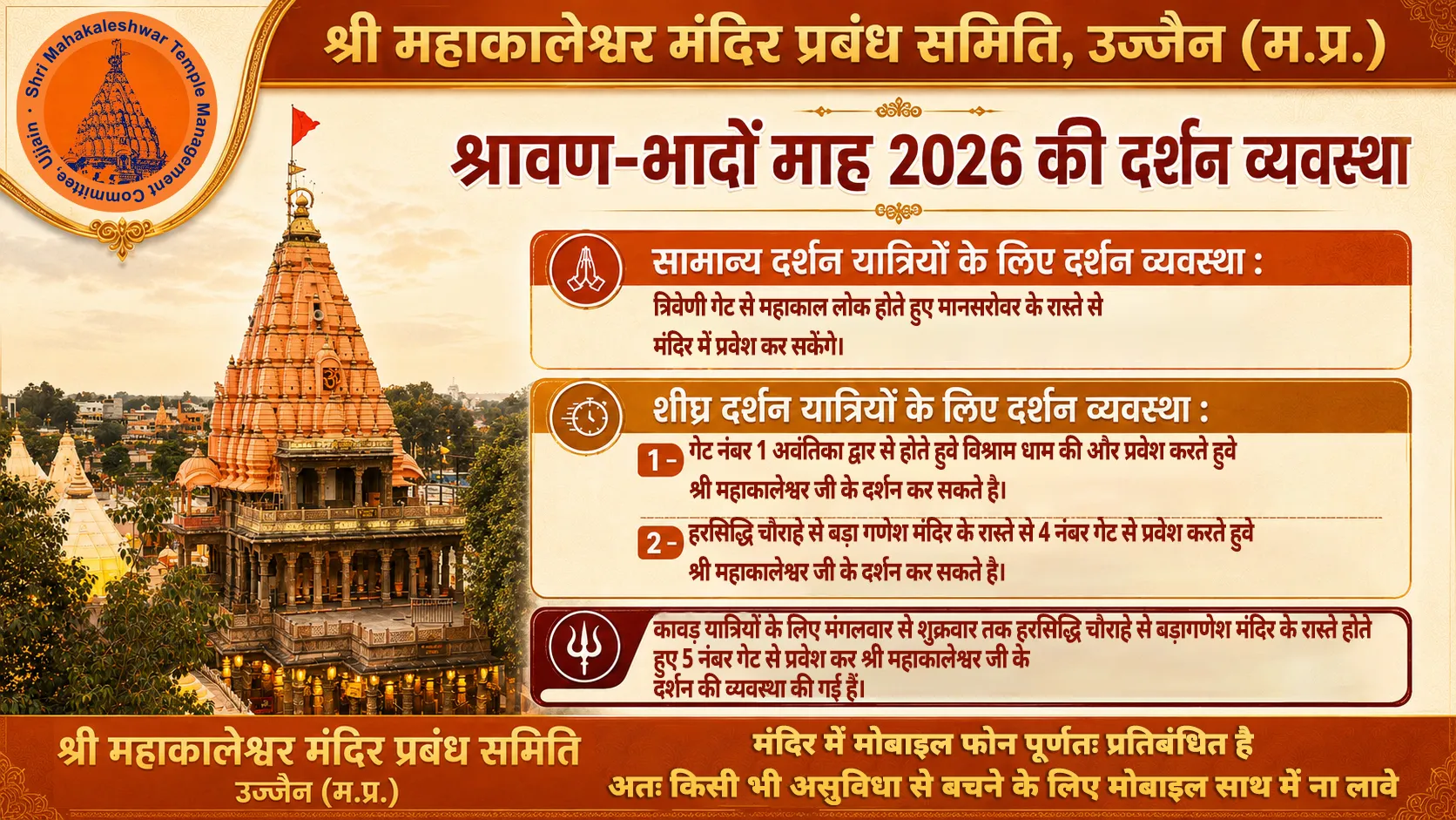 Gate-wise darshan summary board for Mahakaleshwar Temple Shravan-Bhadon 2026.